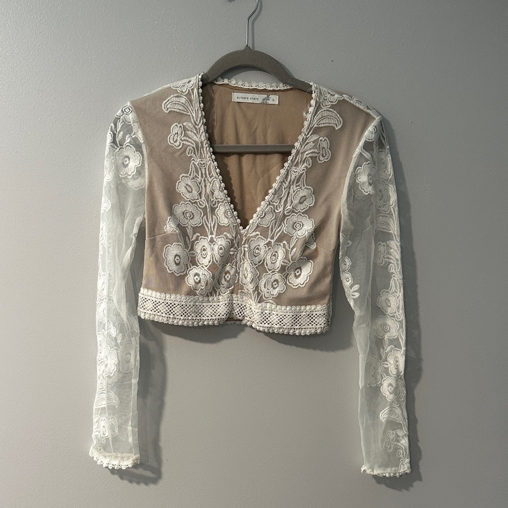 Altar'd State Cream and White Embroidered Crop Top